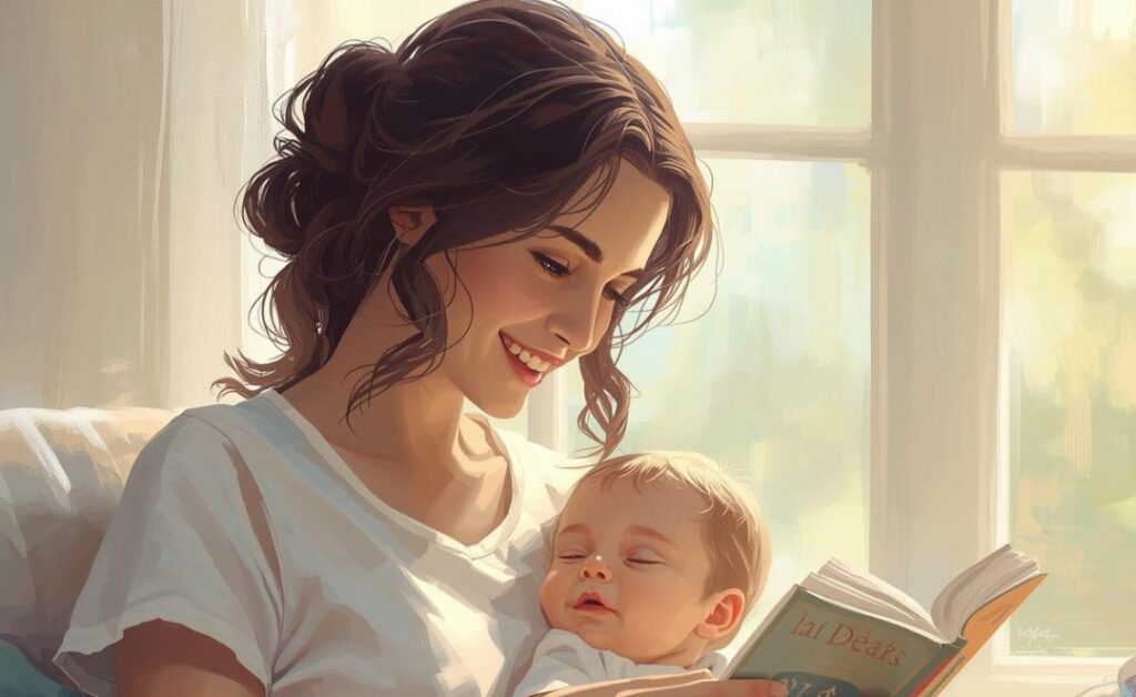 mama czyta książkę w języku obcym z dzieckiem