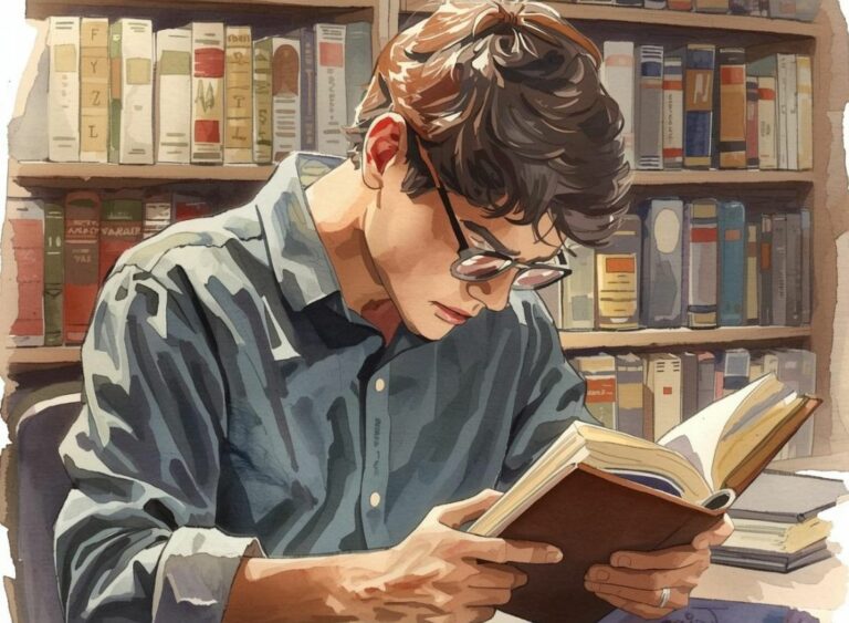 mężczyzna siedzi i próbuje czytać książkę w języku obcym