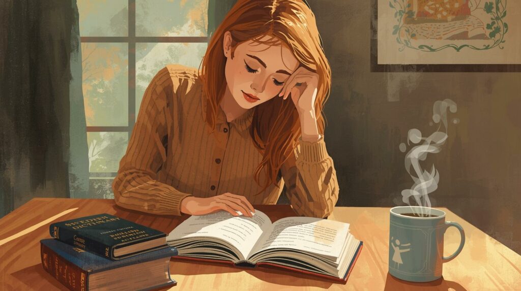 Kobieta siedzi przy biurku i czyta książkę w języku szwedzkim